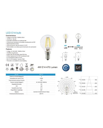 BOMBILLA LED - E14 ESFERICA MINI FILAMENTO - 4W - 2700K - 400Lm-360º